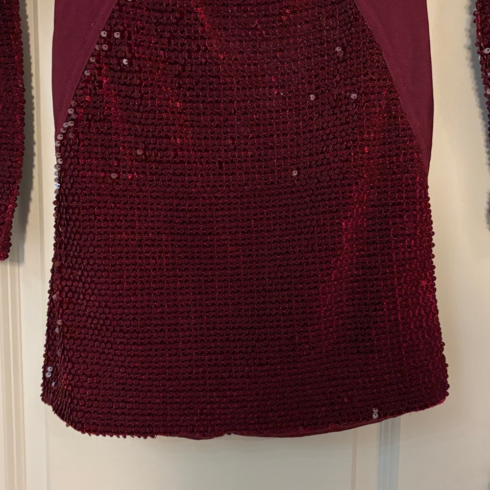 House of CB Wine Velvet Sequin Long Sleeve Dress - Picture 4 of 7